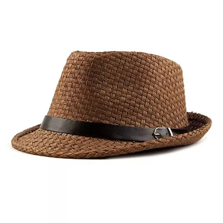 Cappello da spiaggia in paglia Fedora con fascia in pelle intrecciata da uomo
