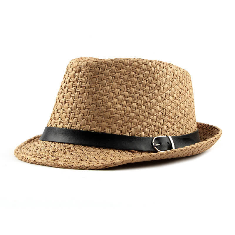 Cappello da spiaggia in paglia Fedora con fascia in pelle intrecciata da uomo - Cachi - Misura M (22"-22 7/8") - image 0