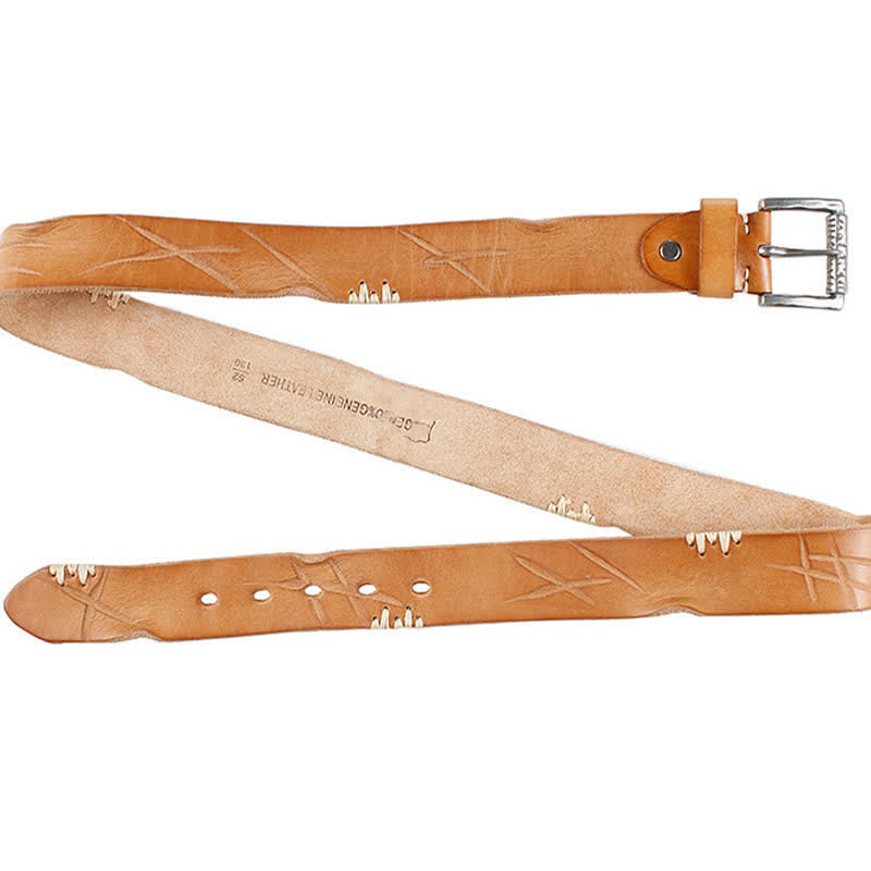 Cintura da uomo in pelle con decoro retrò con linee bianche