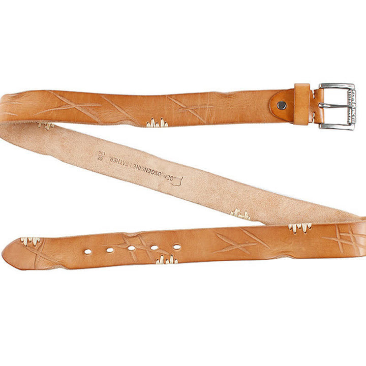 Cintura da uomo in pelle con decoro retrò con linee bianche