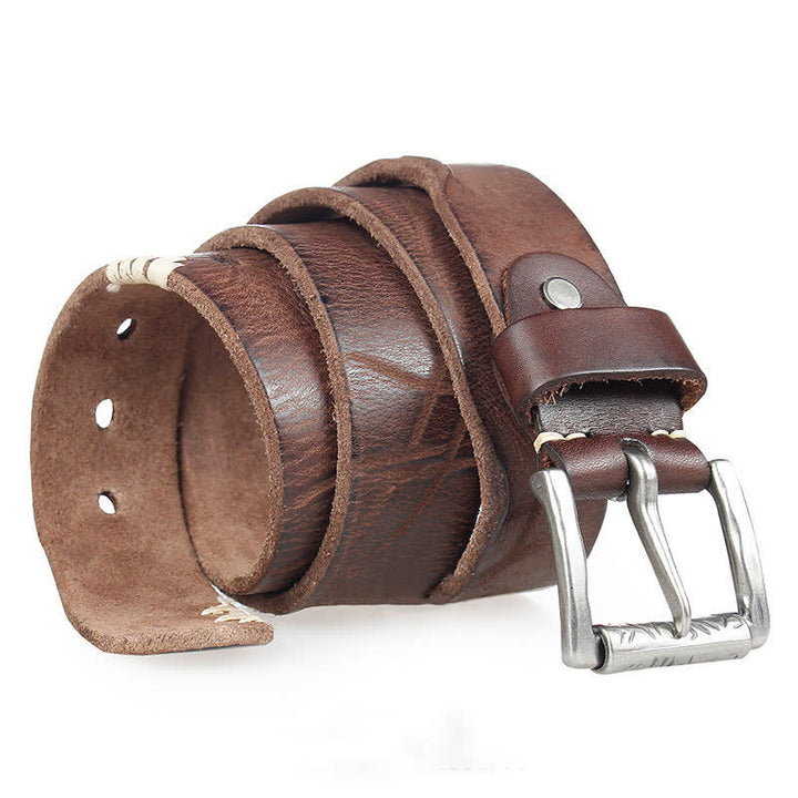Cintura da uomo in pelle con decoro retrò con linee bianche