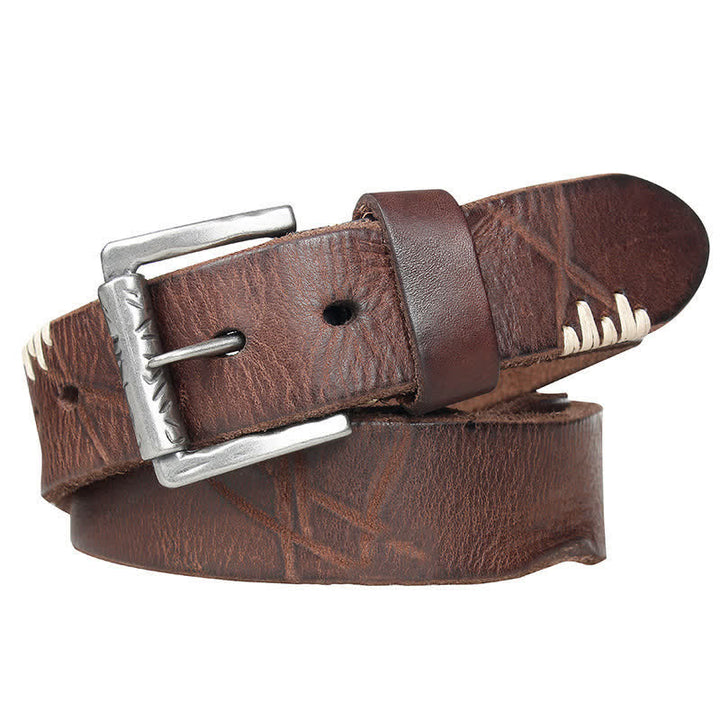 Cintura da uomo in pelle con decoro retrò con linee bianche