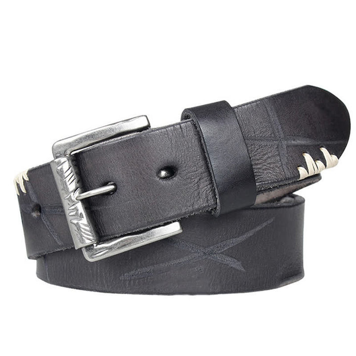 Cintura da uomo in pelle con decoro retrò con linee bianche