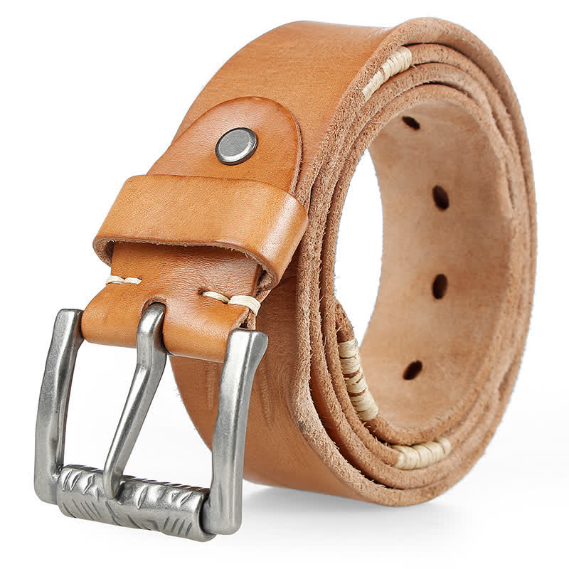 Cintura da uomo in pelle con decoro retrò con linee bianche