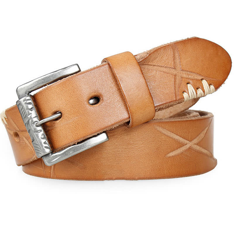 Cintura da uomo in pelle con decoro retrò con linee bianche