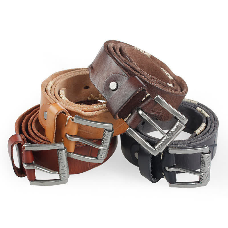 Cintura da uomo in pelle con decoro retrò con linee bianche - image 1