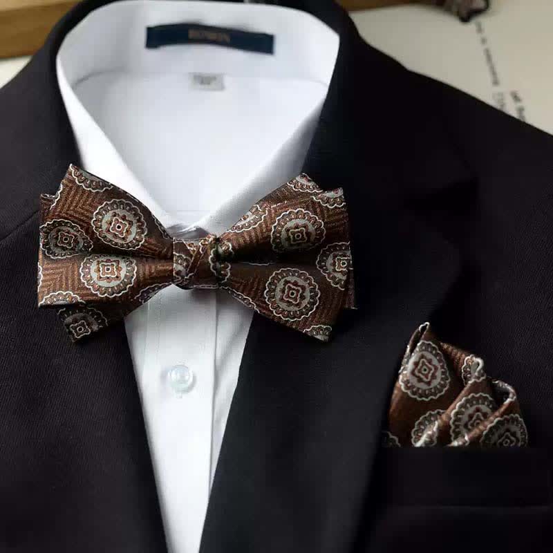 Papillon da uomo con fazzoletto stampato vintage a doppio strato