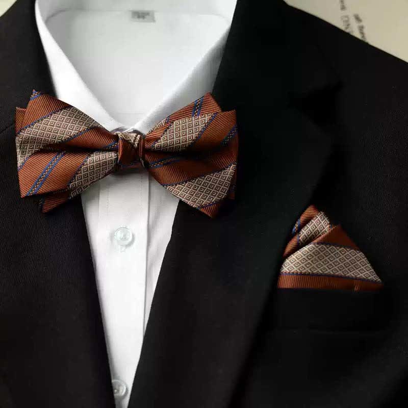 Papillon da uomo con fazzoletto stampato vintage a doppio strato