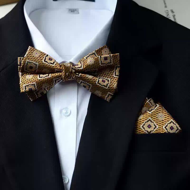 Papillon da uomo con fazzoletto stampato vintage a doppio strato