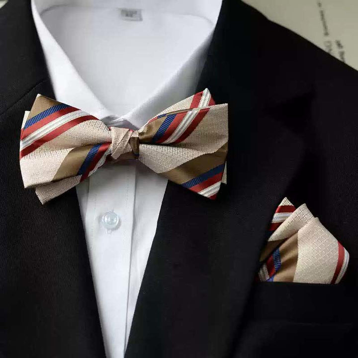 Papillon da uomo con fazzoletto stampato vintage a doppio strato