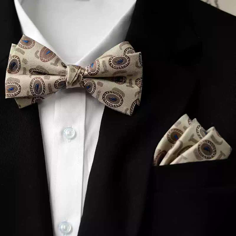 Papillon da uomo con fazzoletto stampato vintage a doppio strato