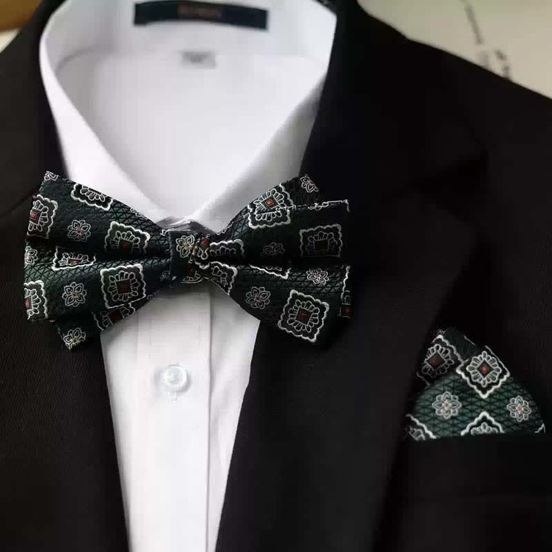 Papillon da uomo con fazzoletto stampato vintage a doppio strato