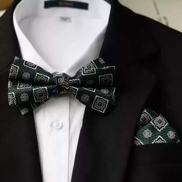 Papillon da uomo con fazzoletto stampato vintage a doppio strato