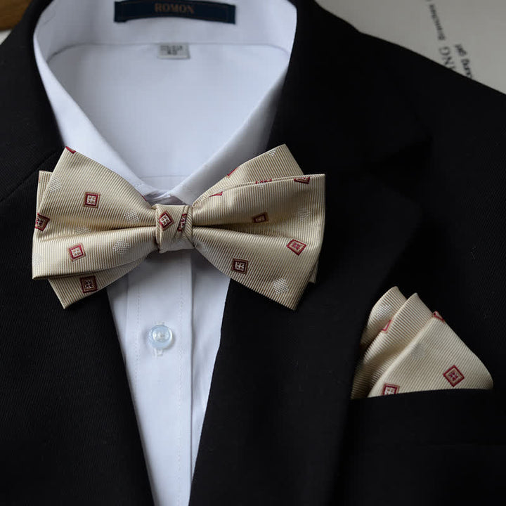 Papillon da uomo con fazzoletto stampato vintage a doppio strato