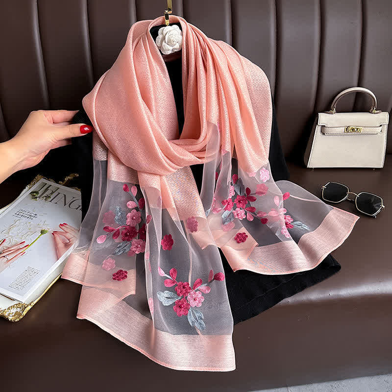 Sciarpa sottile con ricamo floreale in betulla e perline - Rosa - image 11