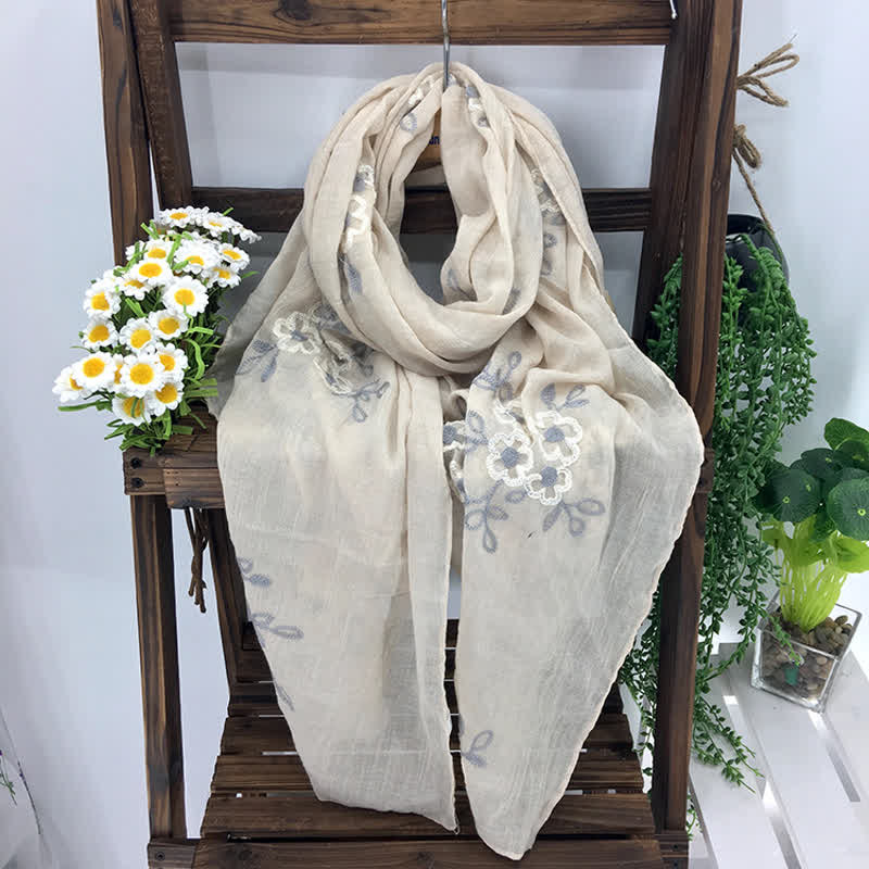 Sciarpa sottile da donna in cotone e lino con ricami floreali, modello National. - image 17