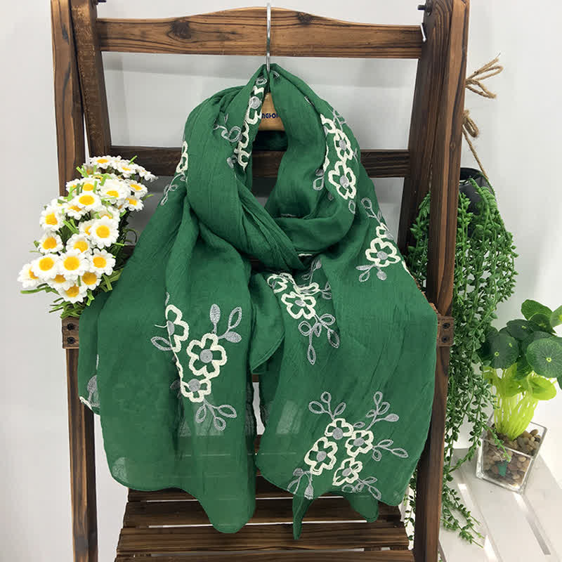 Sciarpa sottile da donna in cotone e lino con ricami floreali, modello National. - Verde - image 0