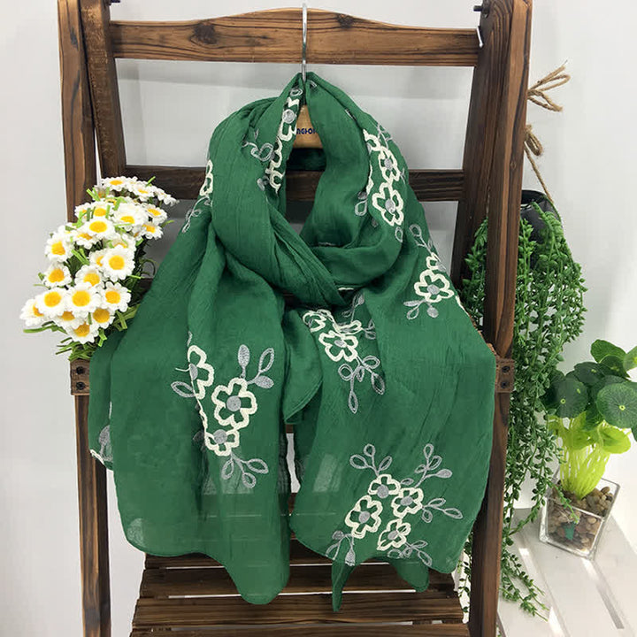 Sciarpa sottile da donna in cotone e lino con ricami floreali, modello National. - Verde - image 0