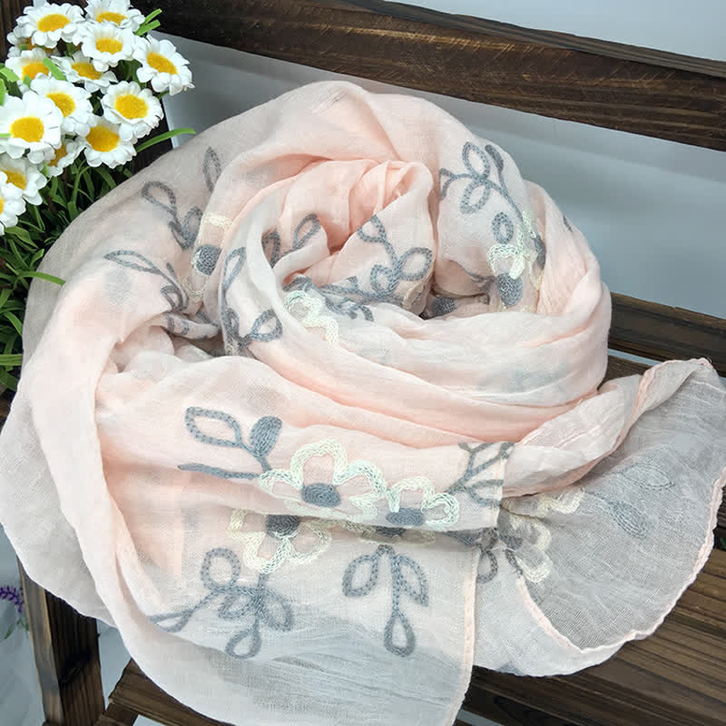 Sciarpa sottile da donna con ricamo floreale in lino e cotone nazionale - Cachi - image 21