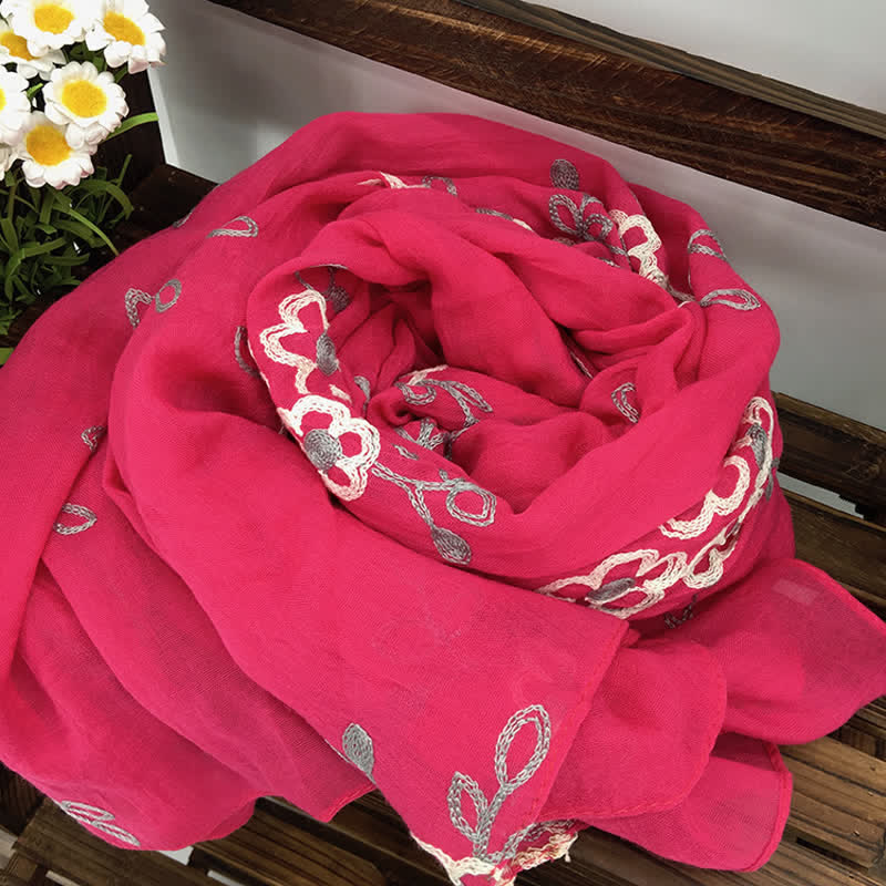 Sciarpa sottile da donna con ricamo floreale in lino e cotone nazionale