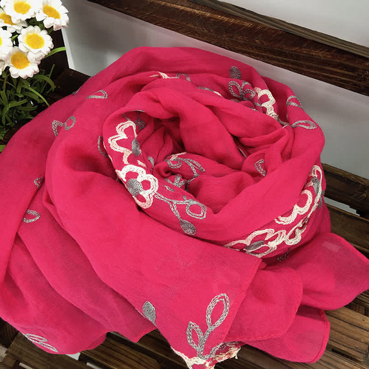 Sciarpa sottile da donna con ricamo floreale in lino e cotone nazionale