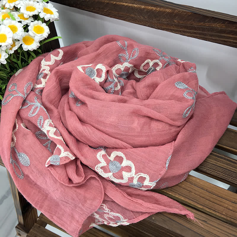 Sciarpa sottile da donna con ricamo floreale in lino e cotone nazionale
