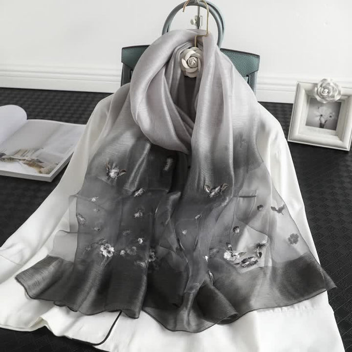 Sciarpa sottile con ricamo floreale sfumato da donna - Nero - image 5