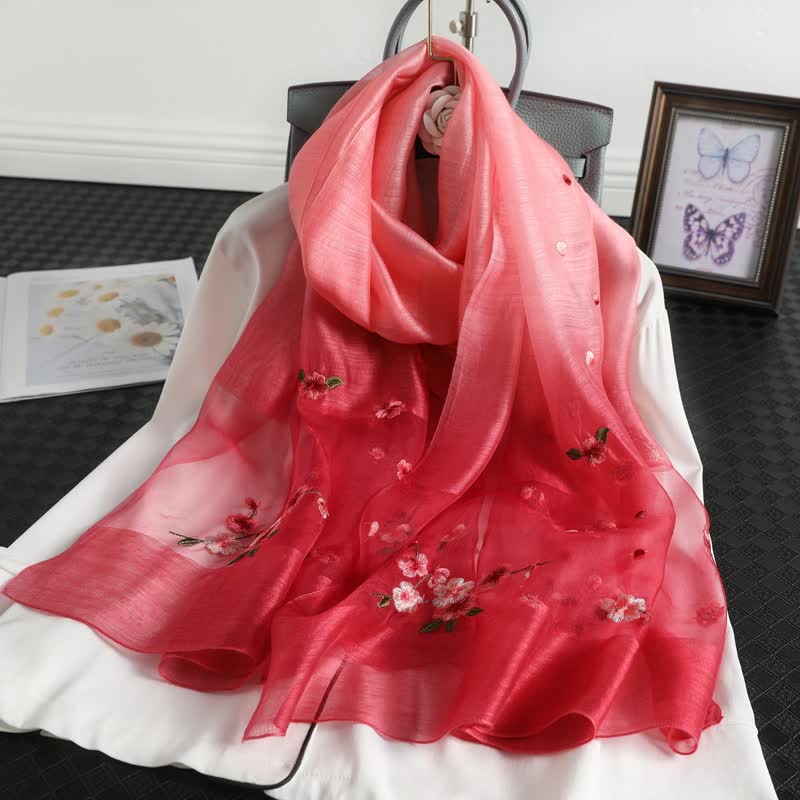 Sciarpa sottile con ricamo floreale sfumato da donna