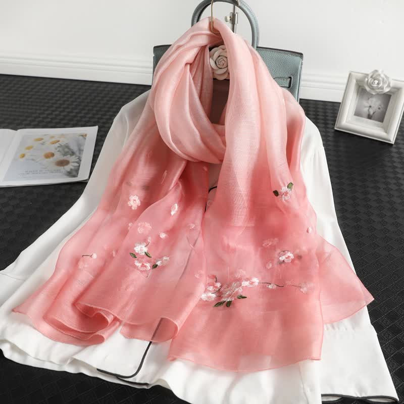 Sciarpa sottile con ricamo floreale sfumato da donna