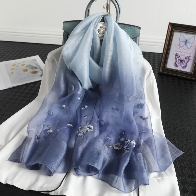 Sciarpa sottile con ricamo floreale sfumato da donna - Blu - image 0