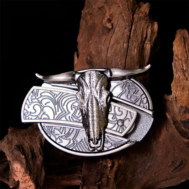 Cintura in pelle con fibbia vintage western in argento con coltello nascosto fai da te a forma di testa di toro - image 1