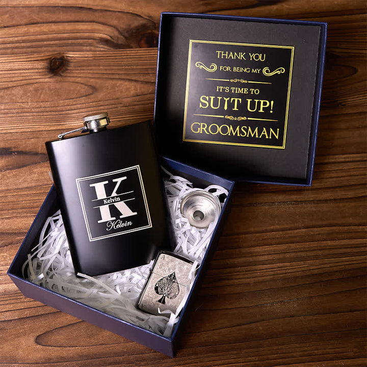 Accendino ACE of Spades, 2 pezzi, personalizzabile, confezione regalo per sposo, fiaschetta nera