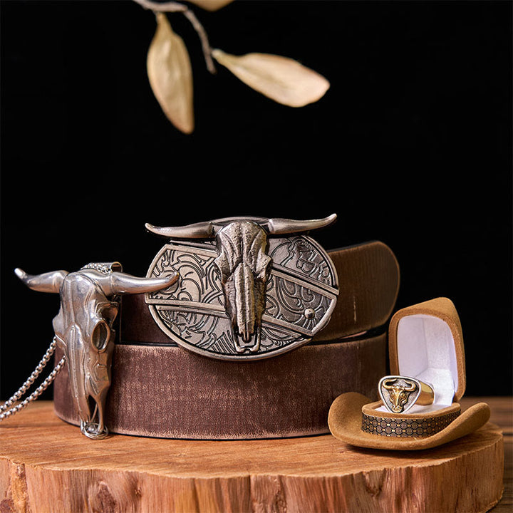 Fibbia per cintura fai da te con coltello nascosto a forma di mucca western con set di anelli per tori - Tori - Cintura marrone anticata - 42 - image 8
