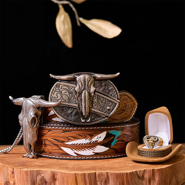 Fibbia per cintura fai da te con coltello nascosto a forma di mucca western con set di anelli per tori - Tori - Cintura di piume marroni - 40 - image 0