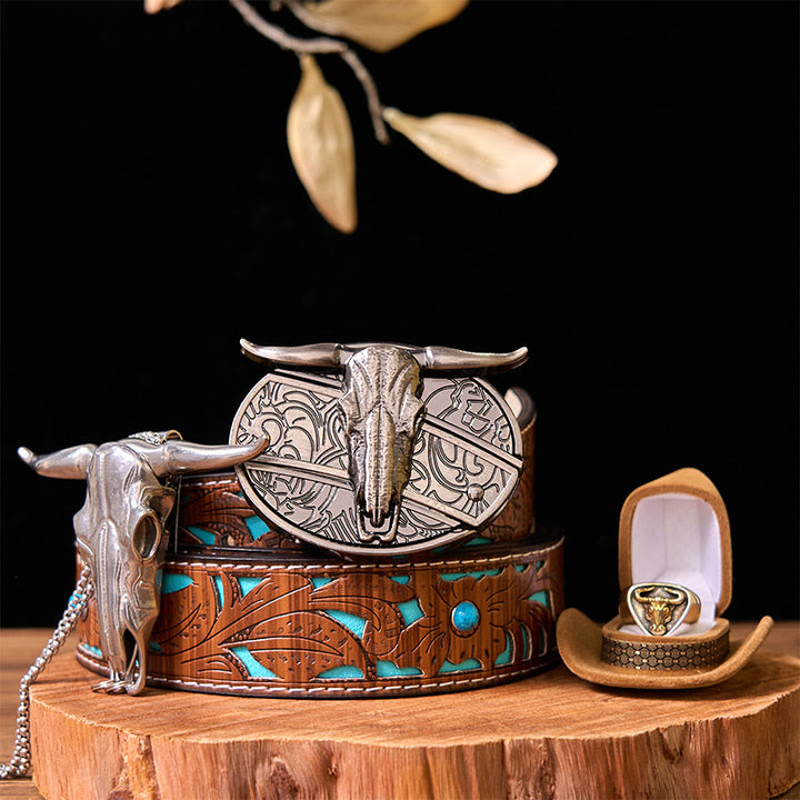 Fibbia per cintura fai da te con coltello nascosto a forma di mucca western con set di anelli per tori - Tori - Cintura intagliata turchese - 42 - image 6