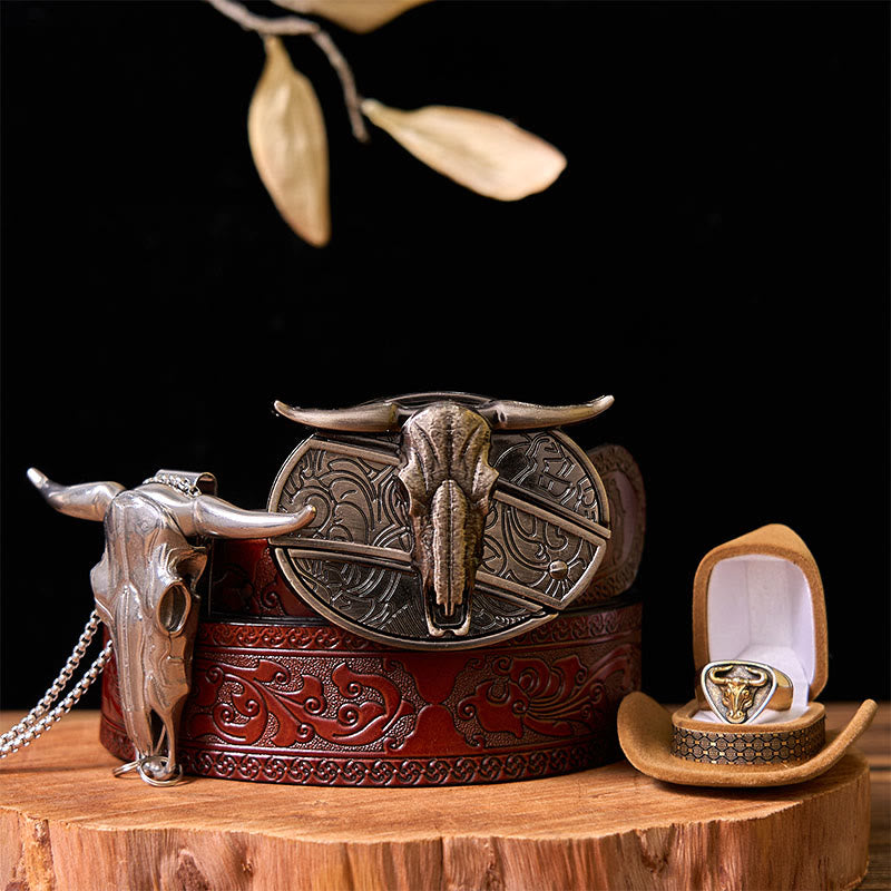 Fibbia per cintura fai da te con coltello nascosto a forma di mucca western con set di anelli per tori - Tori - Cintura marrone intagliata - 42 - image 9