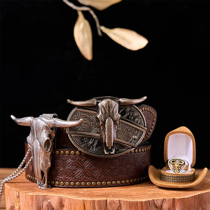 Fibbia per cintura fai da te con coltello nascosto a forma di mucca western con set di anelli per tori - Tori - Cintura con rivetti marroni - 42 - image 7