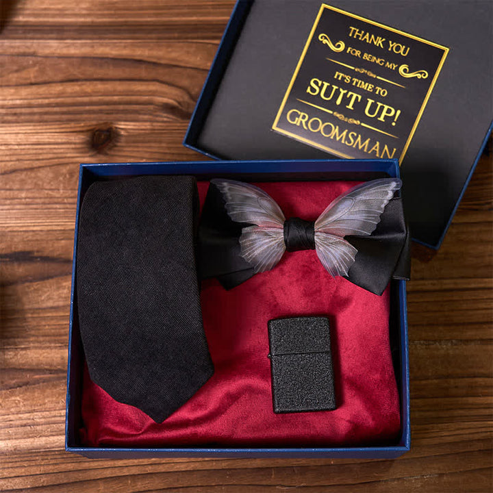 3 pezzi cravatta a farfalla a tema nero papillon smerigliato accendino groomsmen scatola regalo - image 2