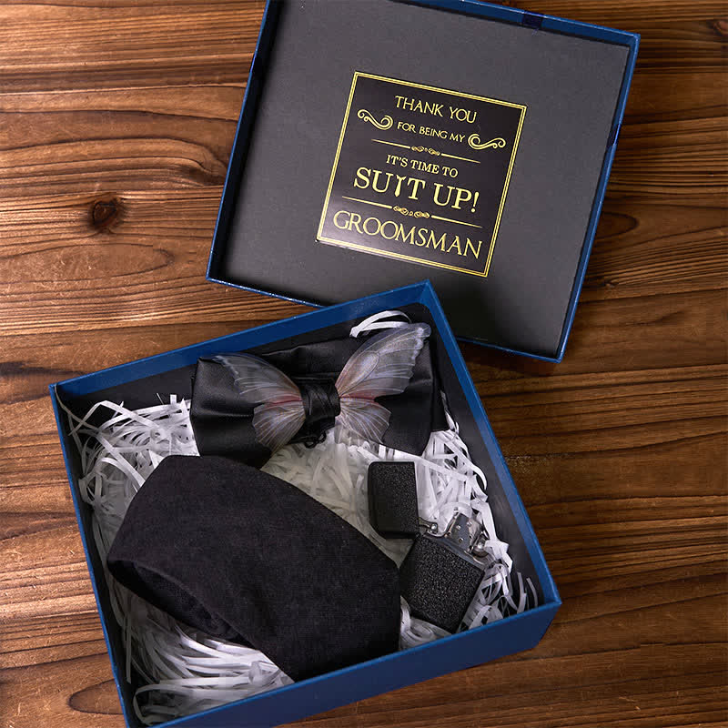 3 pezzi cravatta a farfalla a tema nero papillon smerigliato accendino groomsmen scatola regalo - Pacchetto Set - image 0