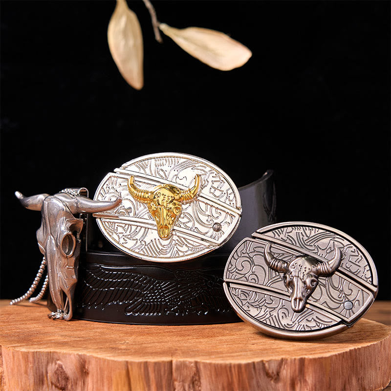 Set di fibbie per cintura fai da te Double Bulls con coltello nascosto e ciondolo a forma di corno di cervo - Tori d'oro e d'argento - Cintura con aquila in rilievo nera - 42 - image 2