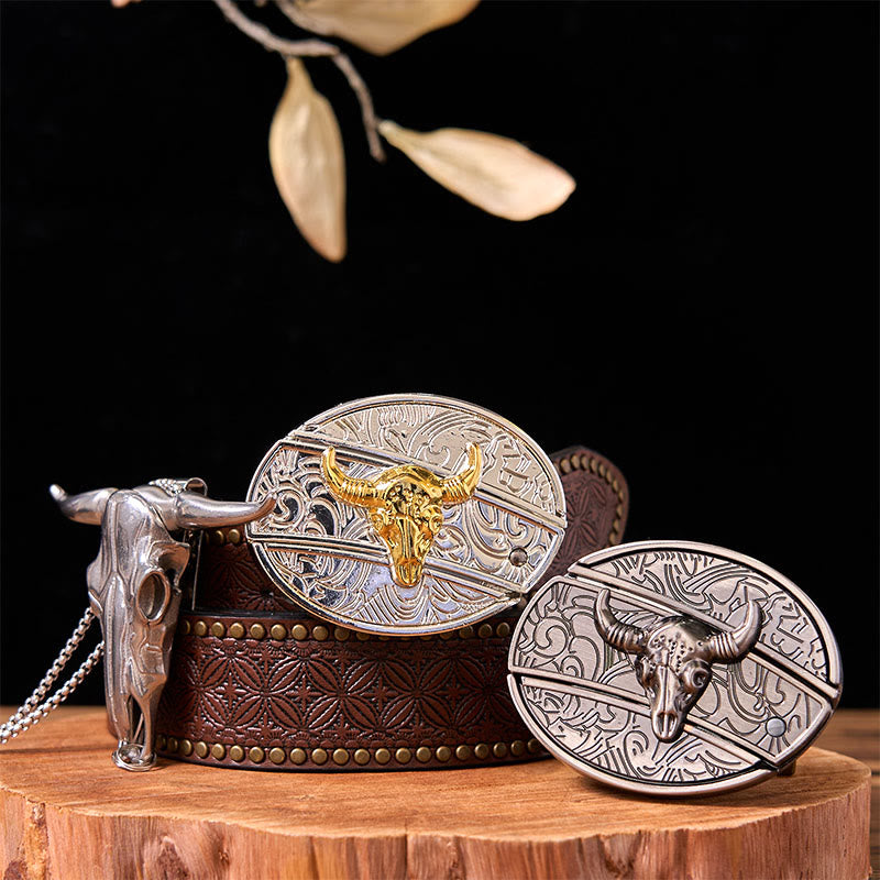 Set di fibbie per cintura fai da te Double Bulls con coltello nascosto e ciondolo a forma di corno di cervo - Tori d'oro e d'argento - Cintura con rivetti marroni - 42 - image 0