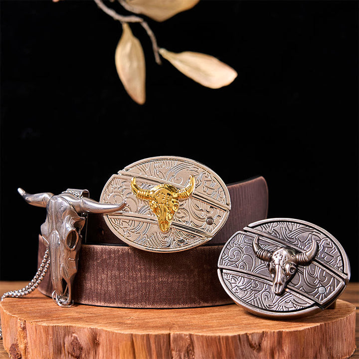 Set di fibbie per cintura fai da te Double Bulls con coltello nascosto e ciondolo a forma di corno di cervo - Tori d'oro e d'argento - Cintura marrone anticata - 42 - image 4