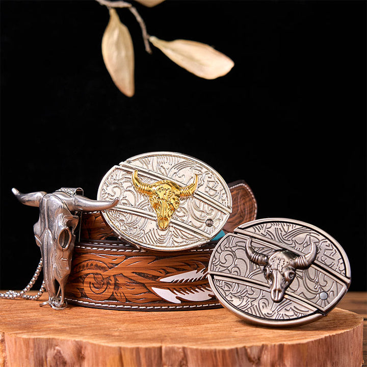 Set di fibbie per cintura fai da te Double Bulls con coltello nascosto e ciondolo a forma di corno di cervo - Tori d'oro e d'argento - Cintura di piume marroni - 40 - image 6