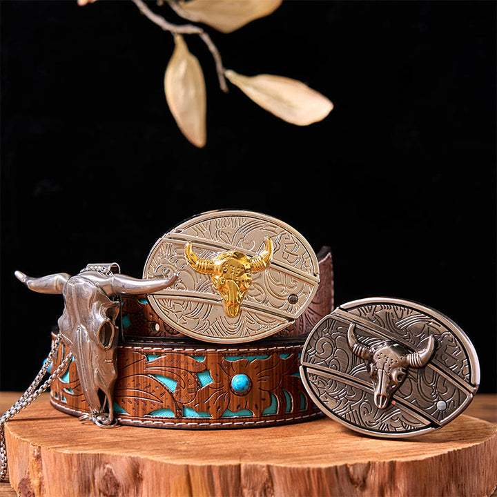 Set di fibbie per cintura fai da te Double Bulls con coltello nascosto e ciondolo a forma di corno di cervo - Tori d'oro e d'argento - Cintura intagliata turchese - 42 - image 3