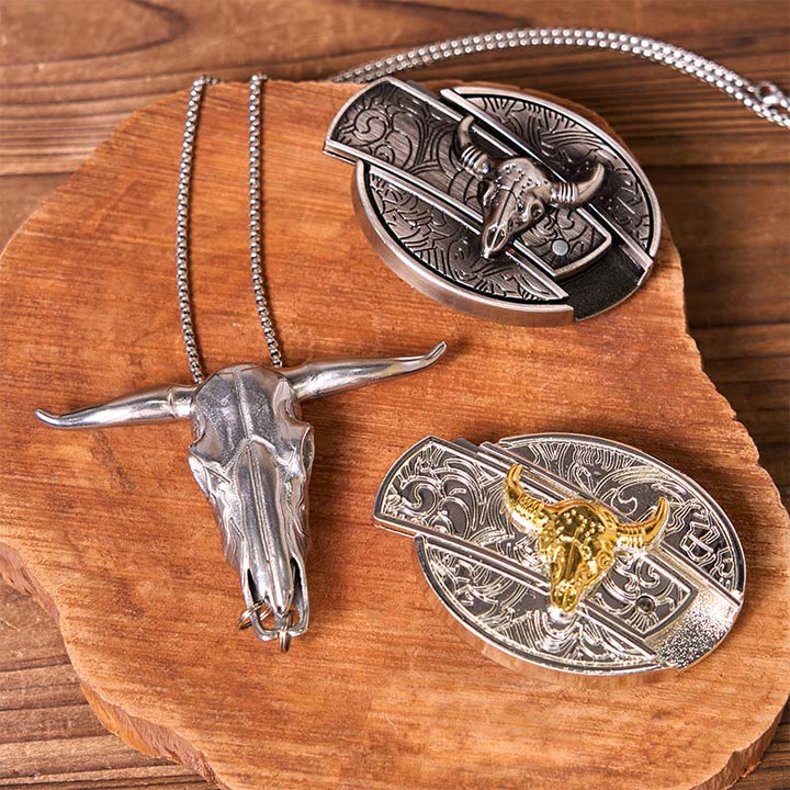 Set di fibbie per cintura fai da te Double Bulls con coltello nascosto e ciondolo a forma di corno di cervo - Tori d'oro e d'argento - Senza cintura - Cintura non inclusa - image 1