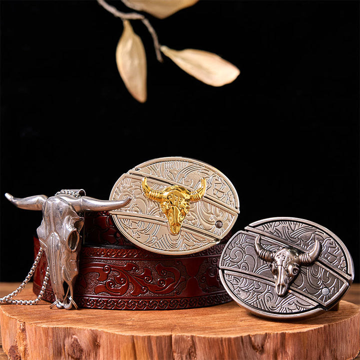 Set di fibbie per cintura fai da te Double Bulls con coltello nascosto e ciondolo a forma di corno di cervo - Tori d'oro e d'argento - Cintura marrone intagliata - 42 - image 5