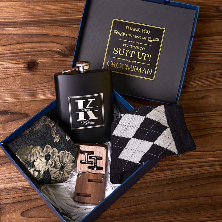 4 pezzi cravatta gemelli personalizzati set completo fiaschetta personalizzabile scatola regalo sposo