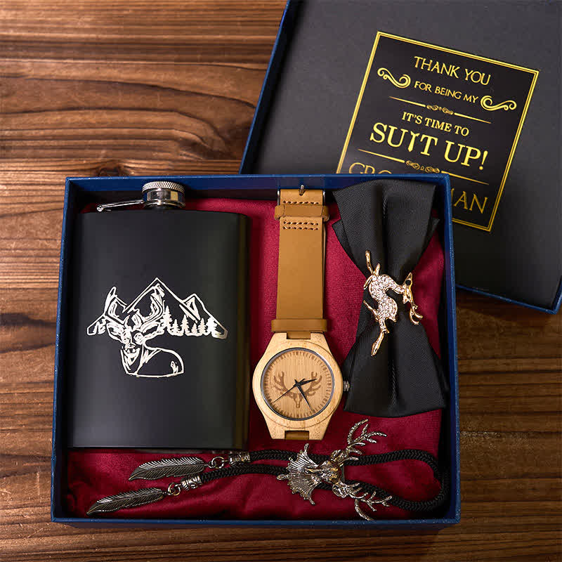 4 pezzi tema cervo papillon nero fiaschetta bolo tie orologio in legno scatola regalo sposo - image 2