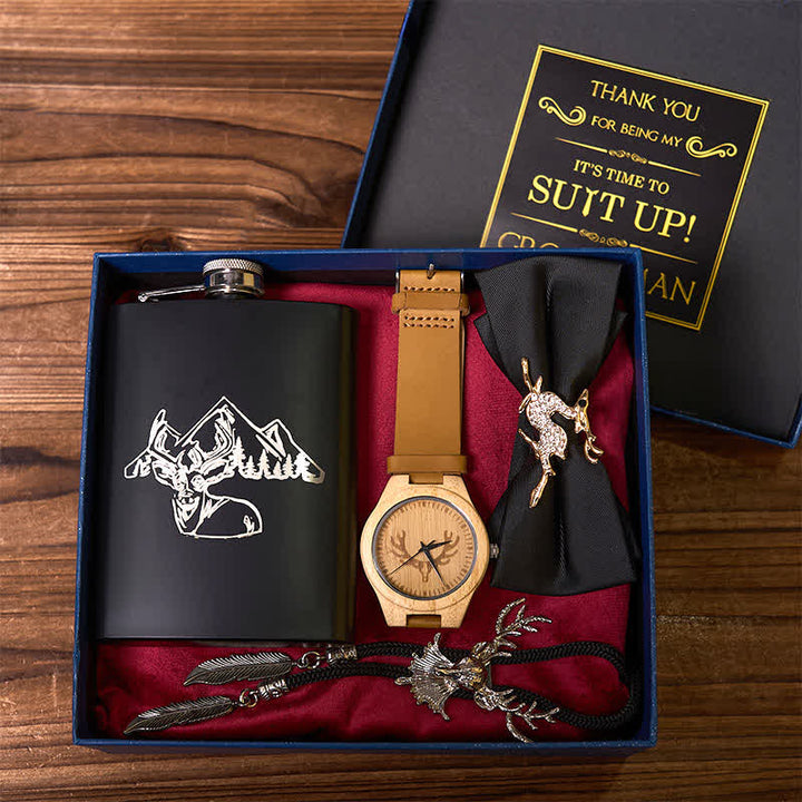 4 pezzi tema cervo papillon nero fiaschetta bolo tie orologio in legno scatola regalo sposo - image 2