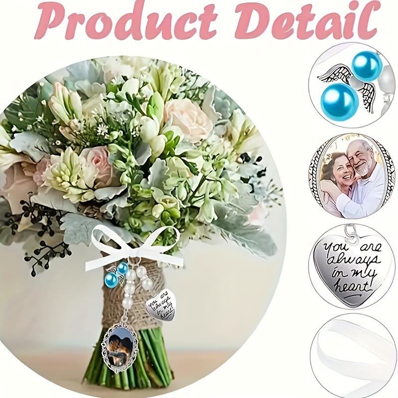 Portachiavi con foto e testo personalizzati, ciondolo con bouquet da sposa